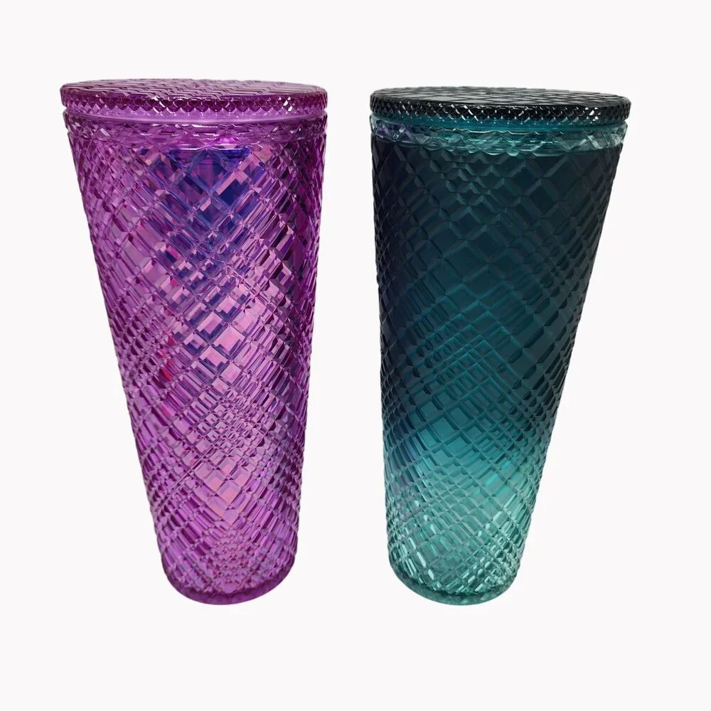 Two Starbucks Venti 24 Oz Jeweled Tumblers Purple Pink Taffy and Green Ombre